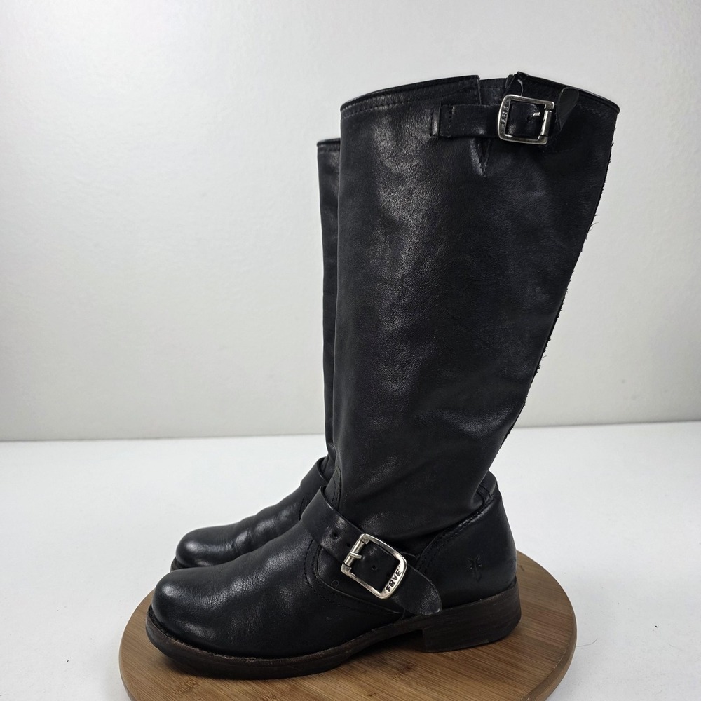 Frye Boots Womens Size 8 B Black Leather Knee High Biker Engineer Buckle Moto